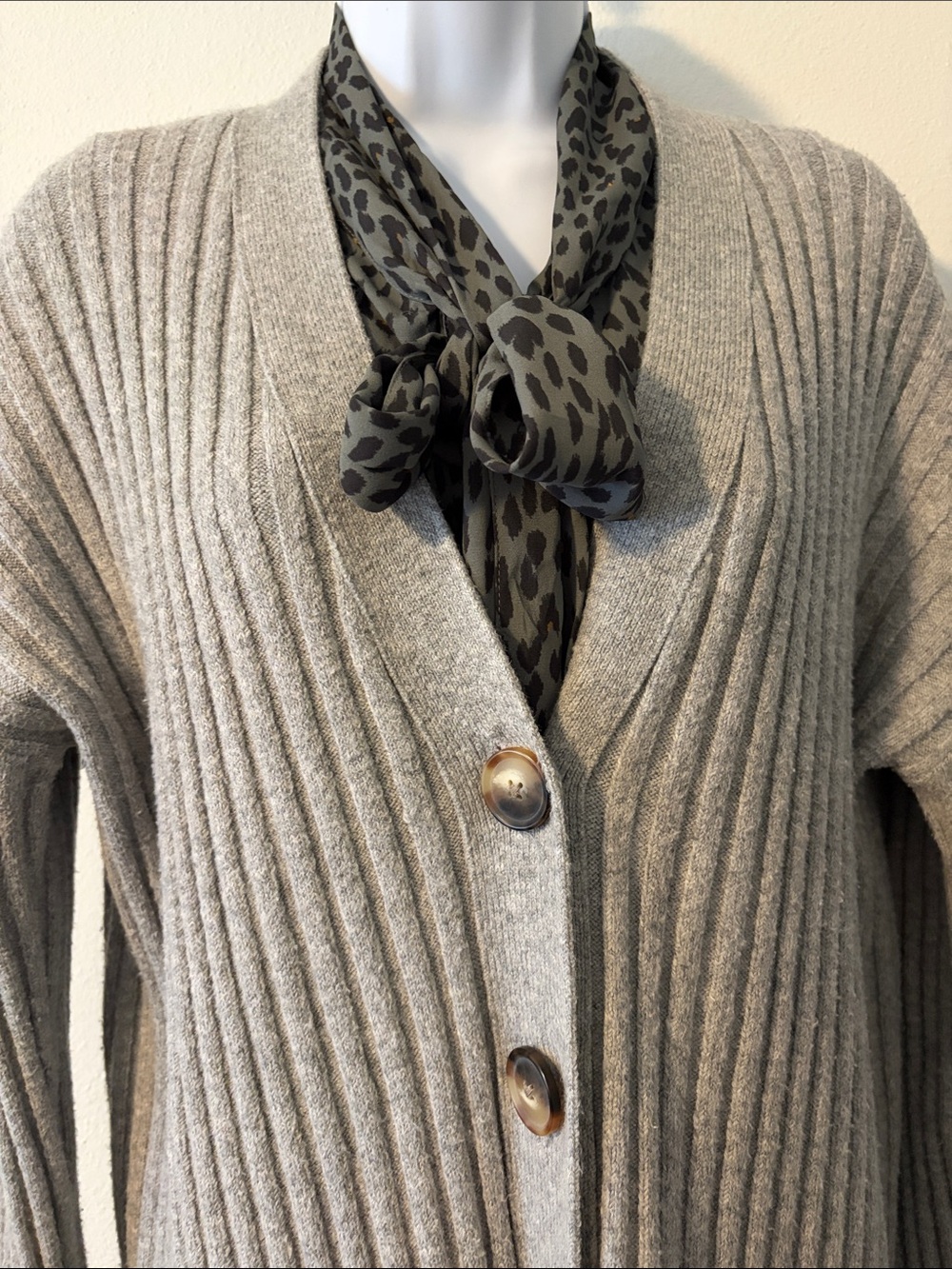 LOFT Gray Ribbed V-Neck Button-Front Cardigan - Picture 2 of 5